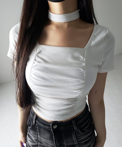 【 ２WAY 】チョーカーロングタイ付き スクエアネックギャザースリムＴシャツ ／ choker long tie SET square neck gather slim sleeve T-shirt