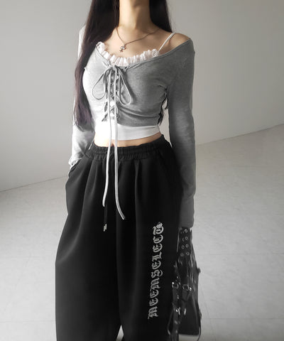 【 ２点セット 】レースアップリボンショートトップス ＋ レースキャミ SET ／ lace up ribbon short tops + lace cami SET