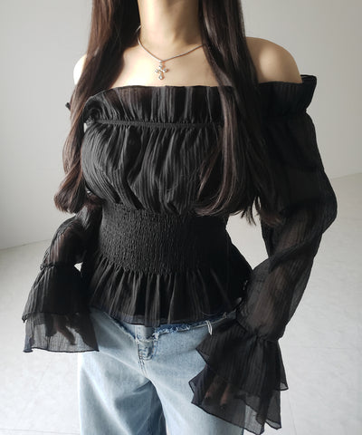 【 ２color ／ ２WAY 】ウエストシャーリングシアーフリルオフショルブラウス ／ waist shirring sheer frill off shoulder blouse