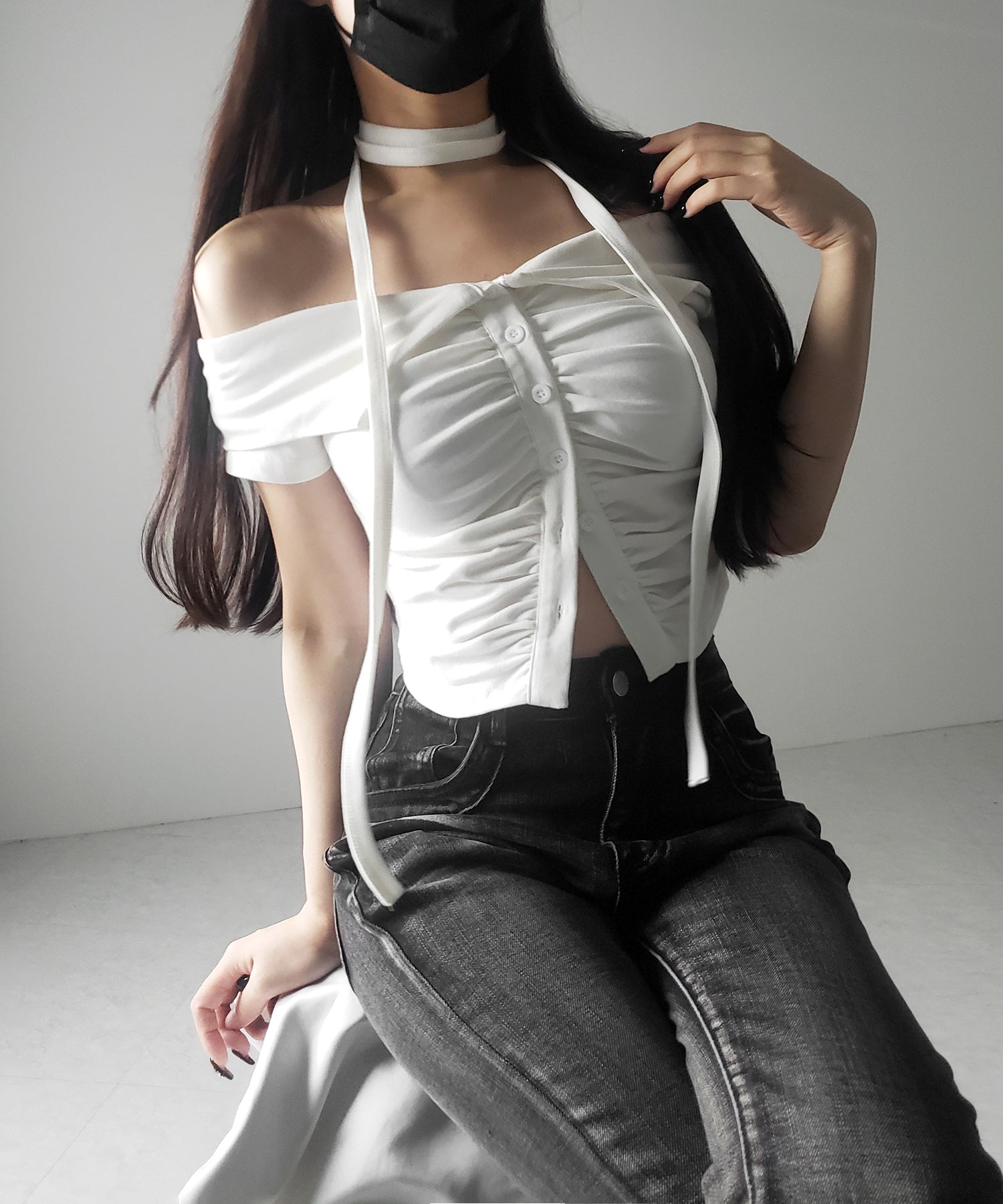 【 ３color 】チョーカーロングタイ付き　オフショルダータックギャザーＴシャツ ／ choker long tie SET offshoulder tuck gather slim T-shirt