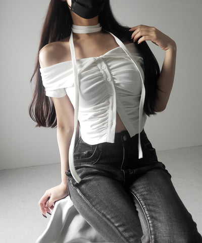 【 ３color 】チョーカーロングタイ付き　オフショルダータックギャザーＴシャツ ／ choker long tie SET offshoulder tuck gather slim T-shirt