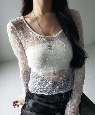 【 ２color ／２WAY 】ワンショルルーズシアーレーストップス ／ one shoulder loose sheer lace tops