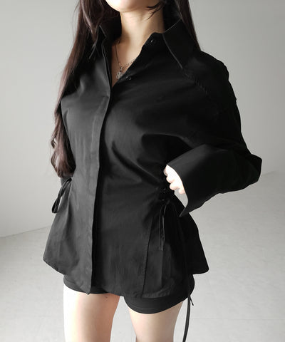 レースアップサイドリボンスリムラインシャツ ／ lace up side ribbon slim line shirt