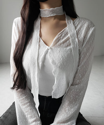 【 ２color ／ ２WAY 】チョーカーロングタイ付きショートシアーカーディガン ／ choker long tie set short sheer cardigan