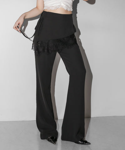 【３size 】レースレイヤードサイドリボンラップフレアスラックス ／ lace layered side ribbon wrap flare slacks