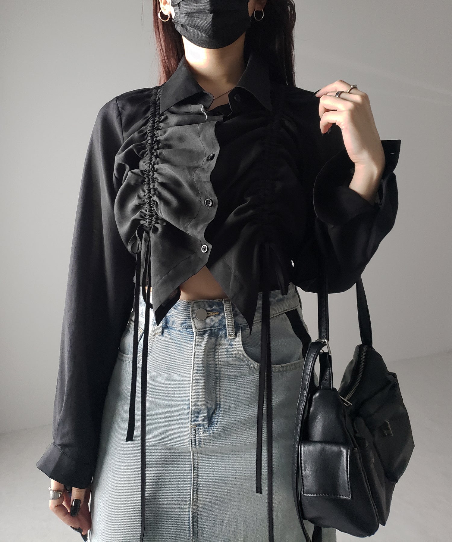 【 ３color 】ダブルリボンシャーリングショートシアーシャツ ／ double shirring ribbon short sheer shirts