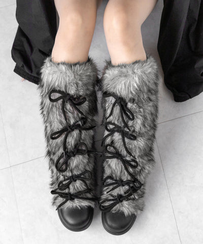 ボリュームフェイクファーレースアップロングブーツ ／ volume fake fur laceup long boots