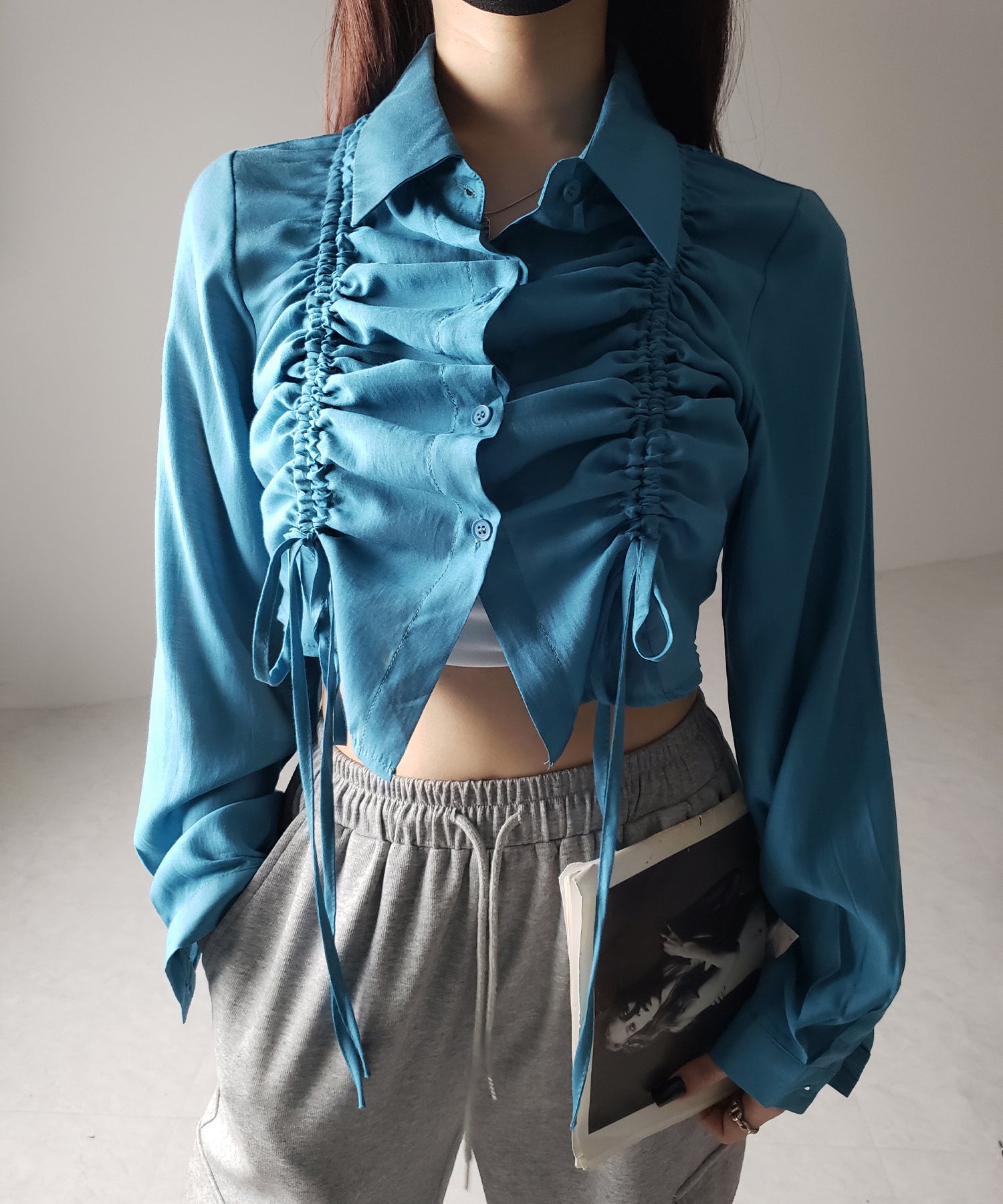 【 ３color 】ダブルリボンシャーリングショートシアーシャツ ／ double shirring ribbon short sheer shirts