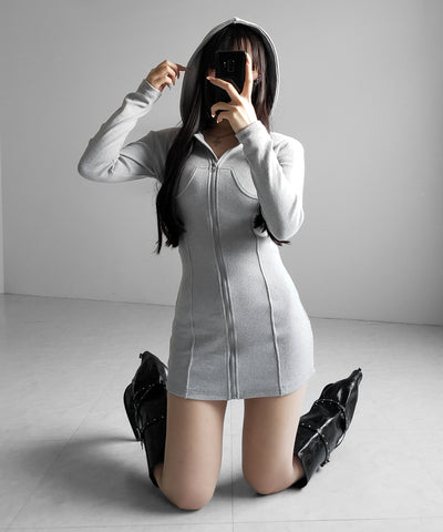 フーディジップアップスリムラインミニワンピース ／ Hoodie zip up slimline mini onepiece