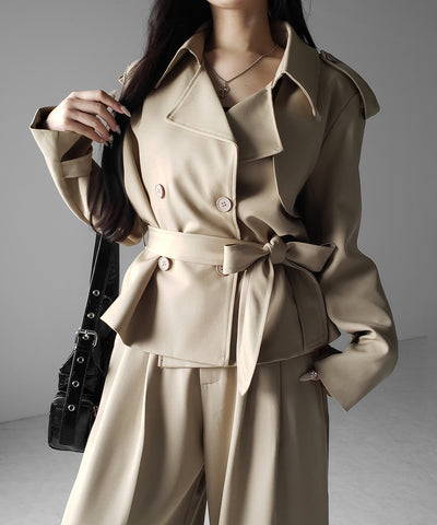 【 上下セットアップ 】ウエストマークショートトレンチコート ＋ タックワイドスラックスパンツ SETUP ／ Waist-mark short trench coat + tuck wide slacks pants