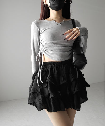 【 インパン裏地付 】３段クリンクルシアーフリルボリュームミニスカート ／ crinkle sheer frill volume mini skirt