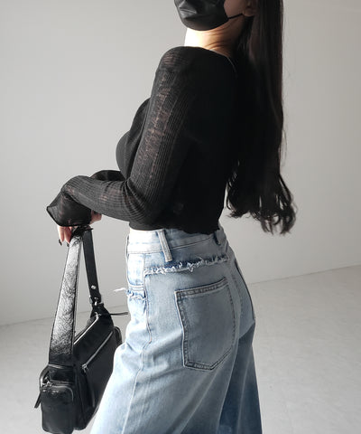 【 ２color 】フロントリボンシアーニットショートカーディガン ／ front ribbon sheer knit short cardigan