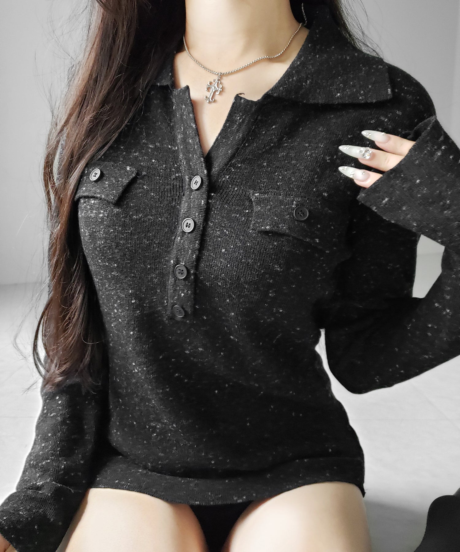 スキッパーボタン長袖ロングニットトップス ／ skipper button long sleeve long sheer knit tops
