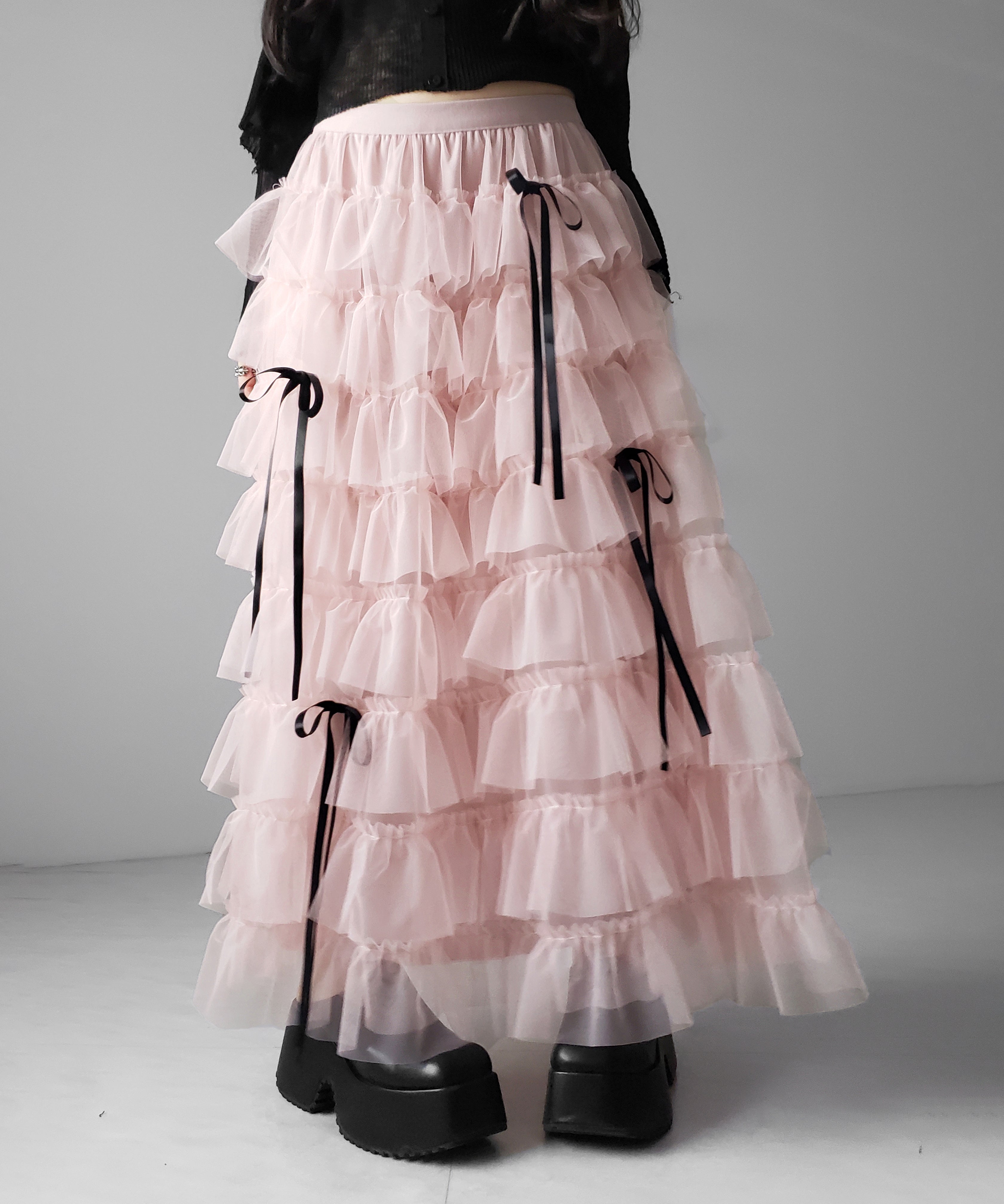 【 新色ピンク追加！／５color 】ストラップリボンバレエコアチュールスカート ／strap ribbon ballet core tulle skirt