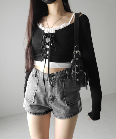 【 ２color 】サイドラインハイウエストデニムショートパンツ ／ sideline highwaist denim short pants