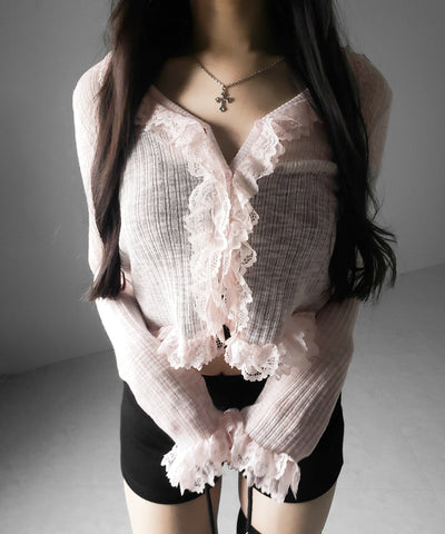 レースフリルシアーニットカーディガン ／ lace frill sheer knit cardigan