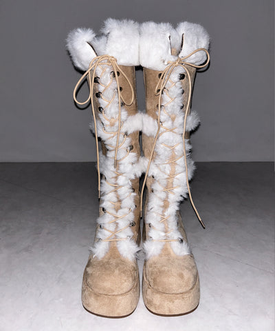 厚底レースアップムートンロングブーツ ／ platform laceup mouton long boots