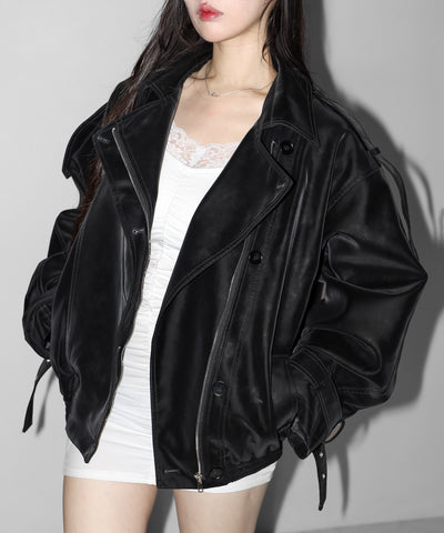 ヴィンテージフェイクレザーベルテッドジップアップオーバーブルゾン ／ Vintage fake leather belted zipup over blouson