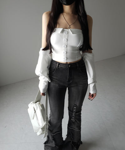 【 2点セット 】フロントボタンベアトップ ＋ クロップドカットソーカーディガン SET ／ front button bare top + cropped cutsaw cardigan SET