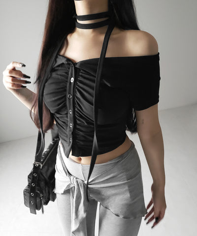 【 ３color 】チョーカーロングタイ付き　オフショルダータックギャザーＴシャツ ／ choker long tie SET offshoulder tuck gather slim T-shirt