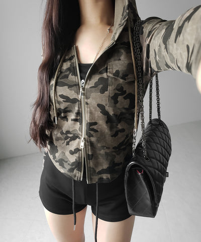 ヴィンテージカモフラダブルジップカットパーカー ／ vintage camouflage double zip cut hoodie