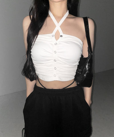 ホルターネックスナップボタンギャザーベアトップ ／ halter neck snap button gathered bare top
