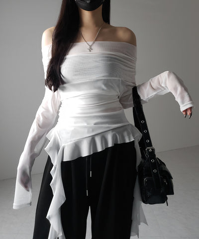 【 ２color 】アシンメトリーフリルオフショルシアートップス ／ asymmetrical frill off-shoulder sheer tops