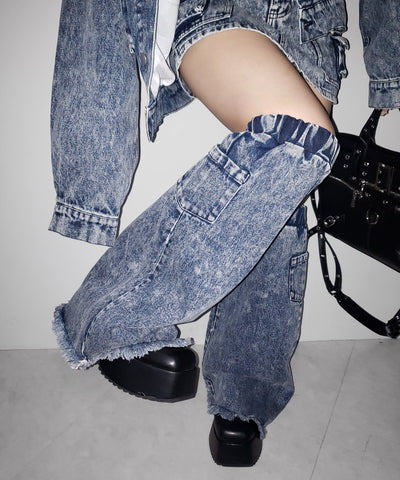 【 デニムセットアップ着用可能 】ヴィンテージケミカルブリーチカーゴデニムミニスカパン ／ vintage chemical bleach cargo denim mini skirt pants