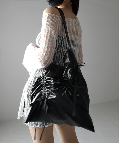 【 ２color 】シャーリングリボンメタリックトートバッグ ／ shirring ribbon metallic tote bag