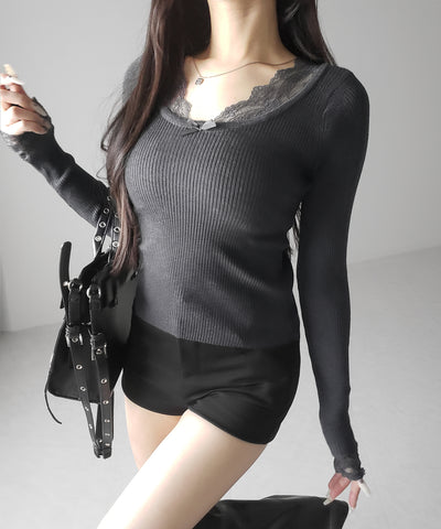 フロントリボンレース切替リブニットトップス ／ front ribbon lace switching ribbed knit tops