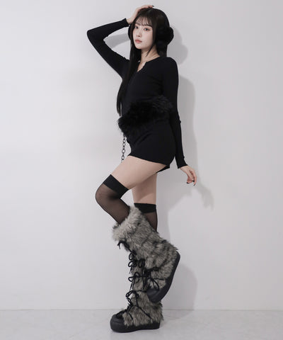 ボリュームフェイクファーレースアップロングブーツ ／ volume fake fur laceup long boots
