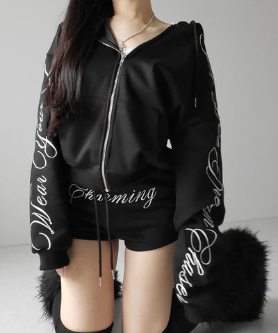 【 セットアップ 】レタリングロゴ刺繍ジップアップパーカー＆ショートパンツ ／ lettering logo embroidery zip-up hoodie ＆ short pants SETUP