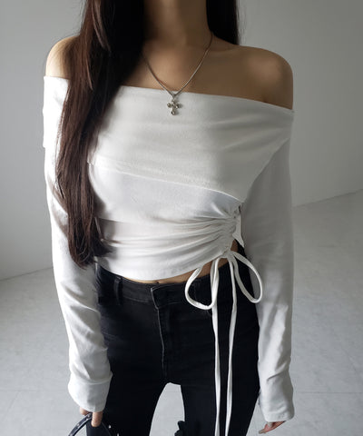 シャーリングリボンショートオフショルカットソートップス ／ shirring ribbon short off shoulder cutsew tops