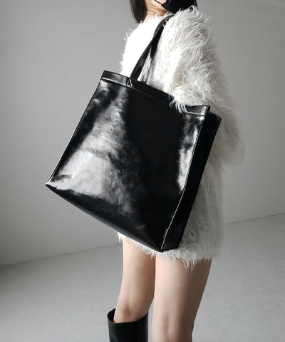 【 ２color ／ 大容量 】フェイクレザービッグスクエアトートバッグ ／ fake leather big square tote bag