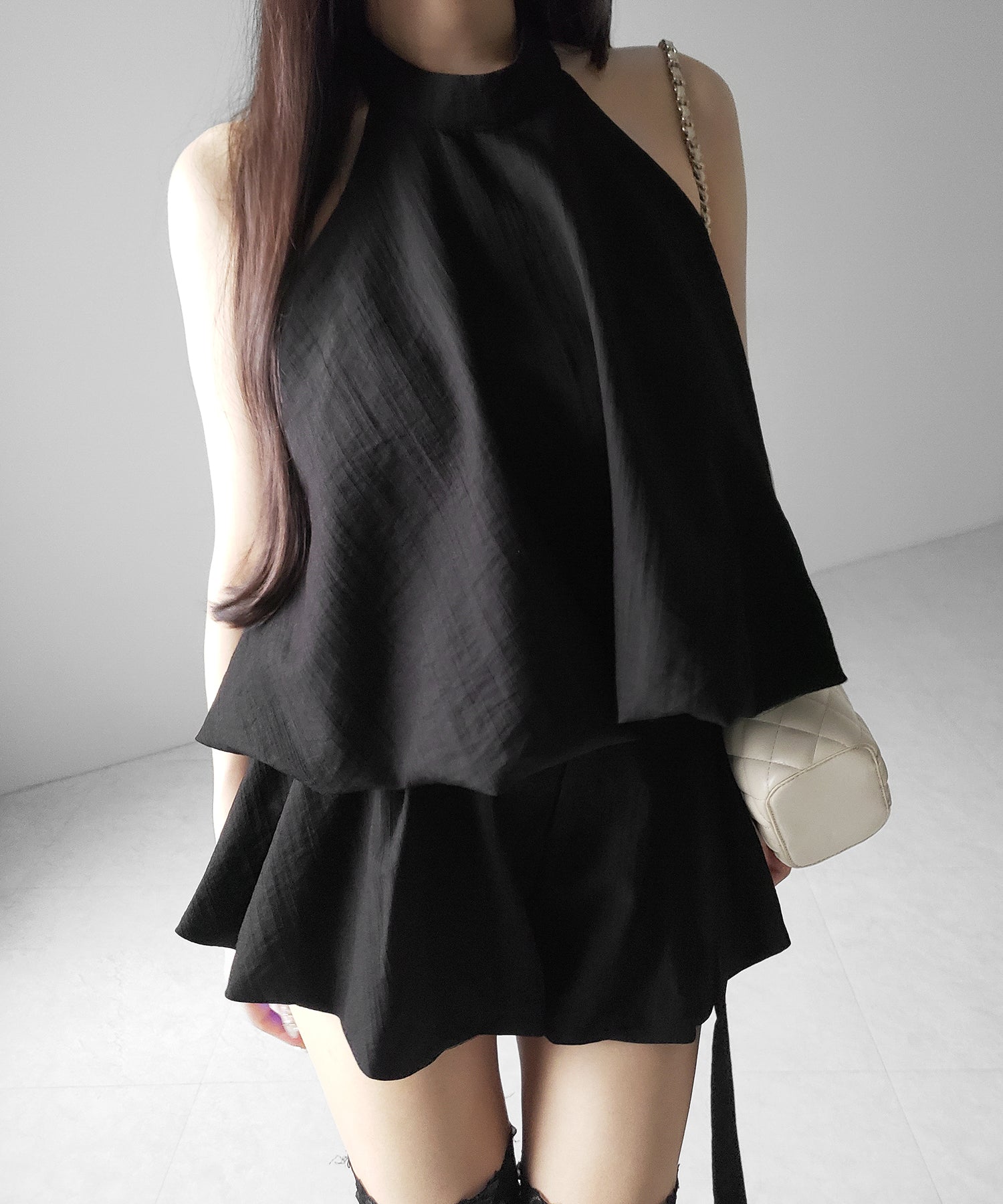 【 ベルト付 】ワンホンホルターネックギャザーフレアセットアップ ／ wanghong halter neck gathered flare SETUP