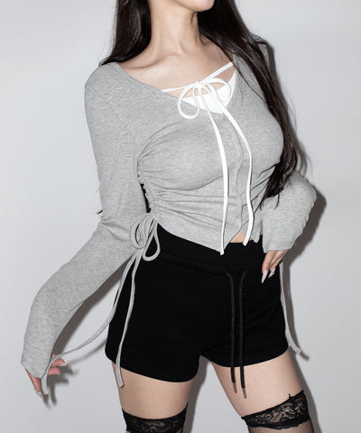 【 ３WAY 】レイヤード風シャーリングリボンリブトップス ／ fake layered shirring ribbon lib tops