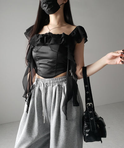 【 ２color ／ ２WAY 】シアーフリルコルセットサテンショートブラウス ／ sheer frill corset satin short blouse