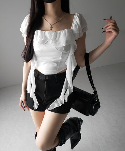 【 ２color ／ ２WAY 】シアーフリルコルセットサテンショートブラウス ／ sheer frill corset satin short blouse