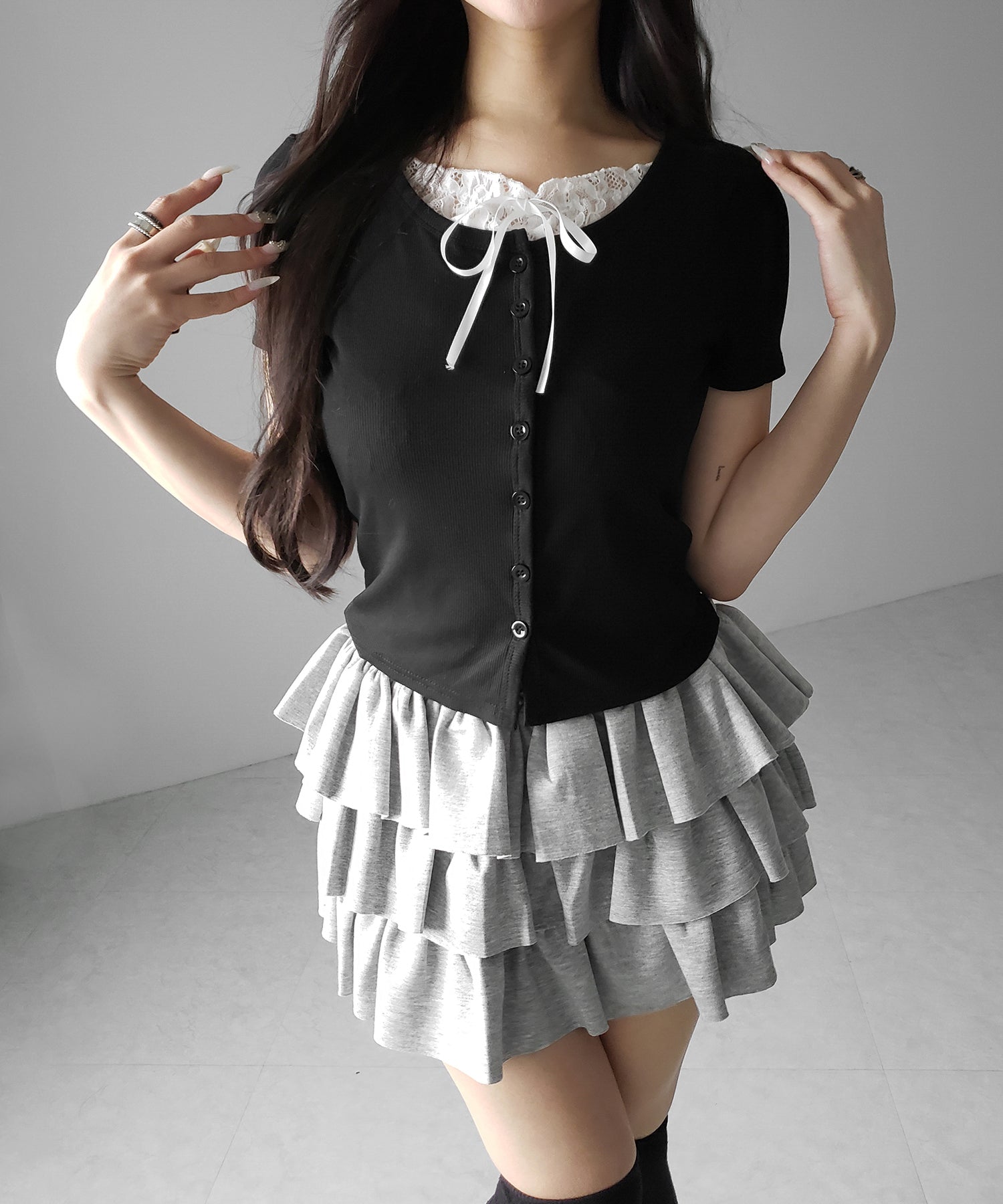 フロントリボンレースレイヤード半袖リブトップス ／front ribbon lace