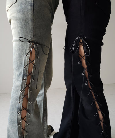 レースアップカットアウトストレッチフレアデニム ／ lace up cutout stretch flare denim