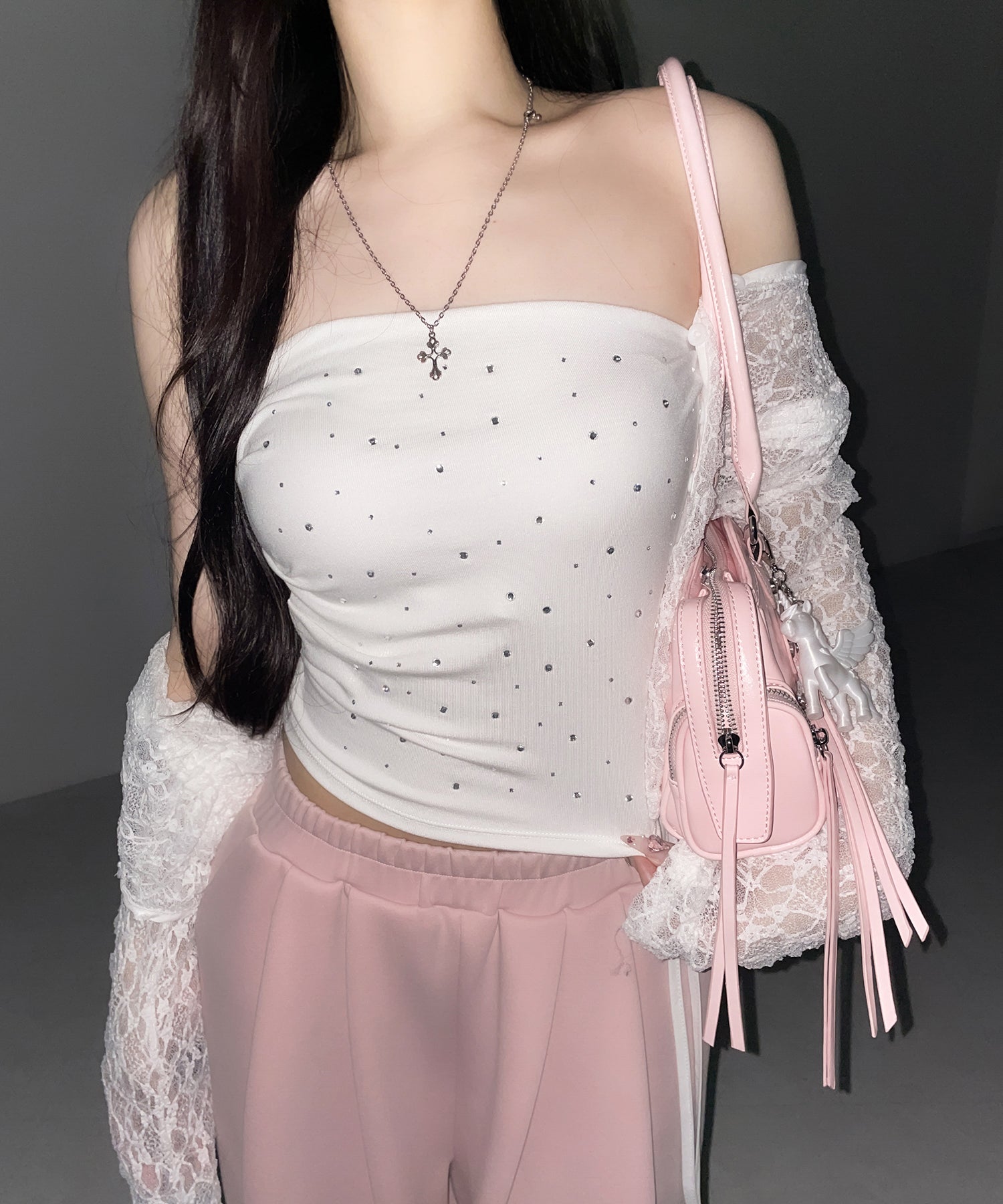 ラインストーンスリムフィットベアトップ ／ Rhinestone slim fit bare top