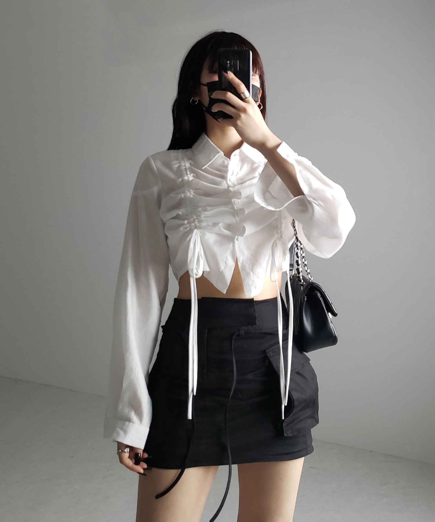 【 ３color 】ダブルリボンシャーリングショートシアーシャツ ／ double shirring ribbon short sheer shirts
