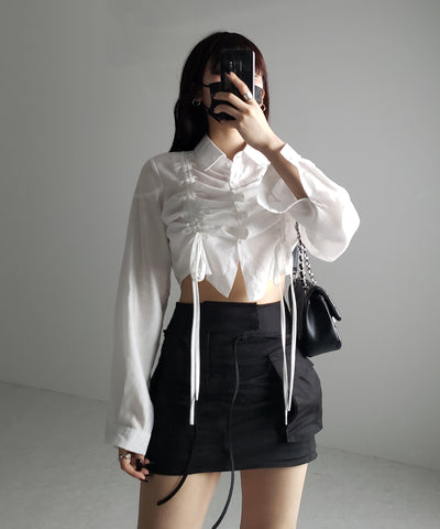 【 ３color 】ダブルリボンシャーリングショートシアーシャツ ／ double shirring ribbon short sheer shirts