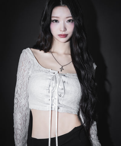 【 ２color 】レースアップコルセットリボンショートレーストップス ／ laceup corset ribbon short lace tops