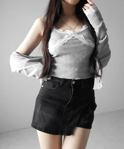 カーゴポケットレイヤードデニムミニスカパン ／ cargo pocket layered denim mini skirt pants