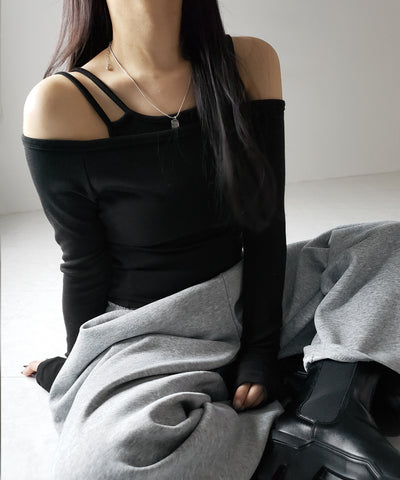 【 ２color 】レイヤードダブルストラップオフショルトップス ／ layerd double strap off shoulder tops