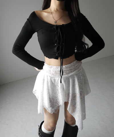 【 ３color 】レースアップフロントリボンショートスリムトップス ／ lace up front ribbon short slim tops