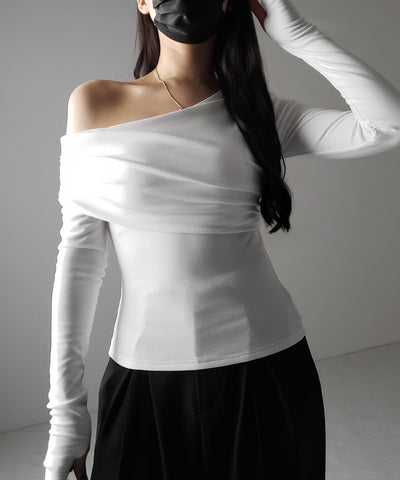 【 ２color ／ 裏起毛 】ワンショルダードレープギャザースリムトップス ／ One-shoulder draped gather slim tops