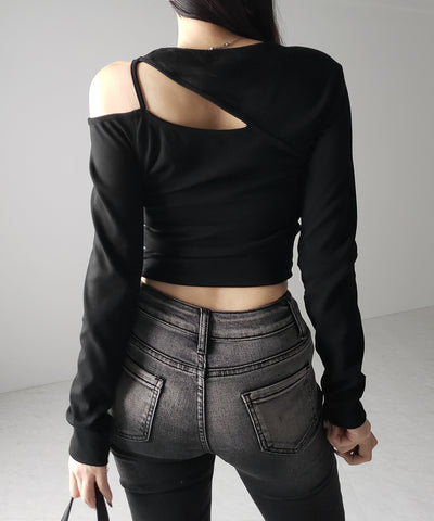 【 ３color 】ショルダーカットアウトストラップリブトップス ／ shoulder cutout strap lib tops