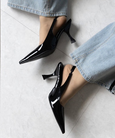 【 ２color 】ポインテッドトゥチャンキーヒールメタリックミュール ／ pointed toe chunky heel metallic mules